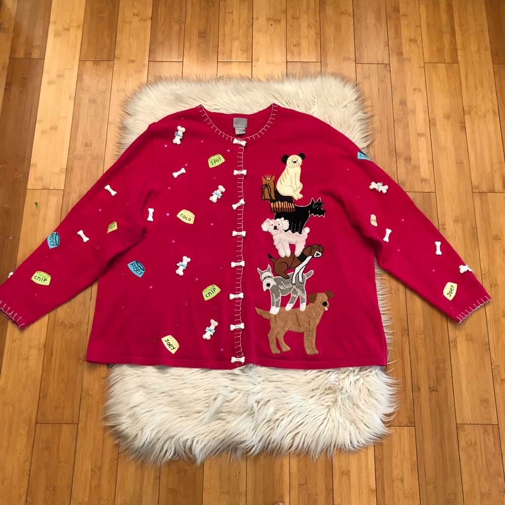 Vintage Berek Dog Show Beaded Embroidered Long Sleeves Fuchsia Sweater size 2X
